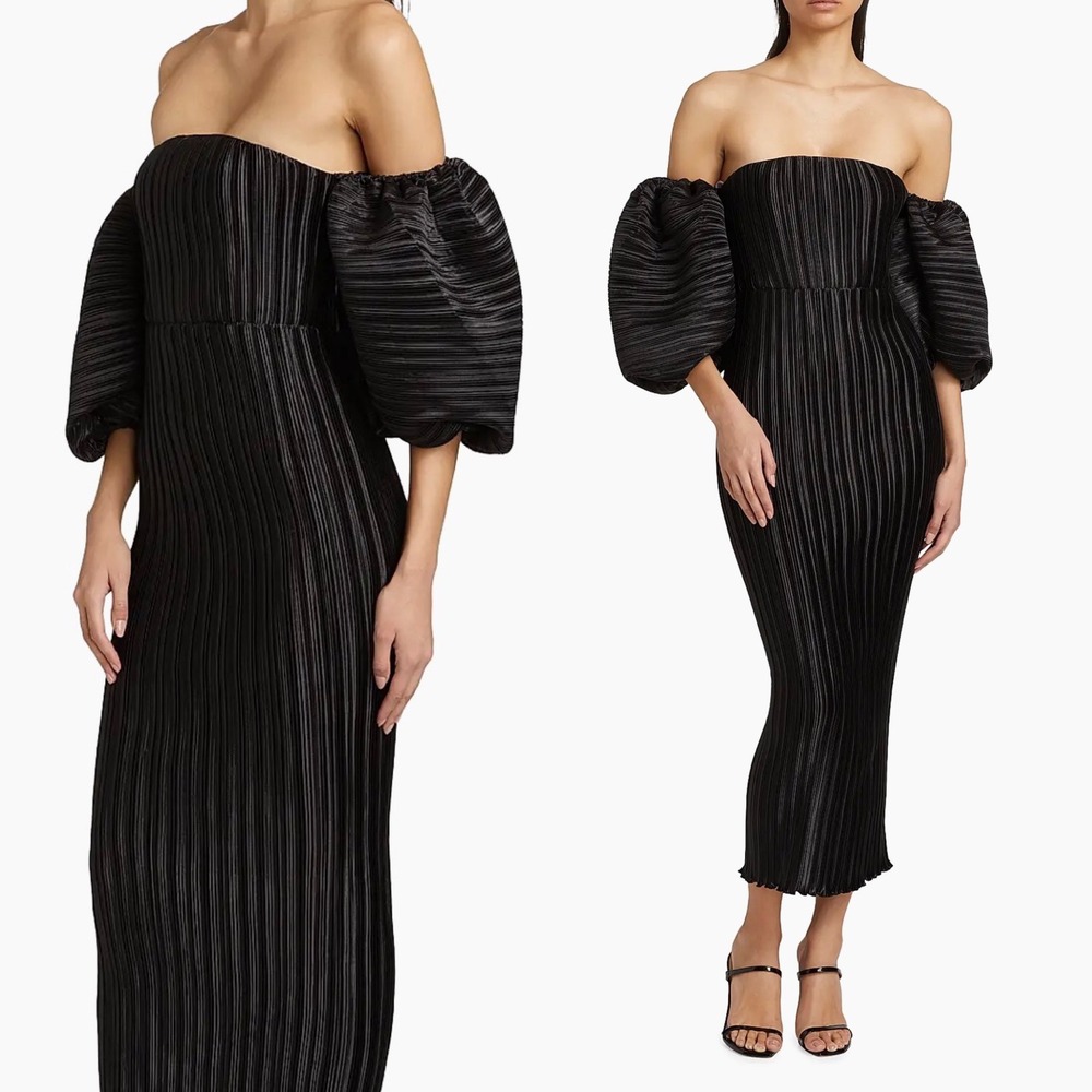 L'Idée Sirene Plissé Puff-Sleeve Maxi Dress Black Off Shoulder Puff Sleeve ‎ 12